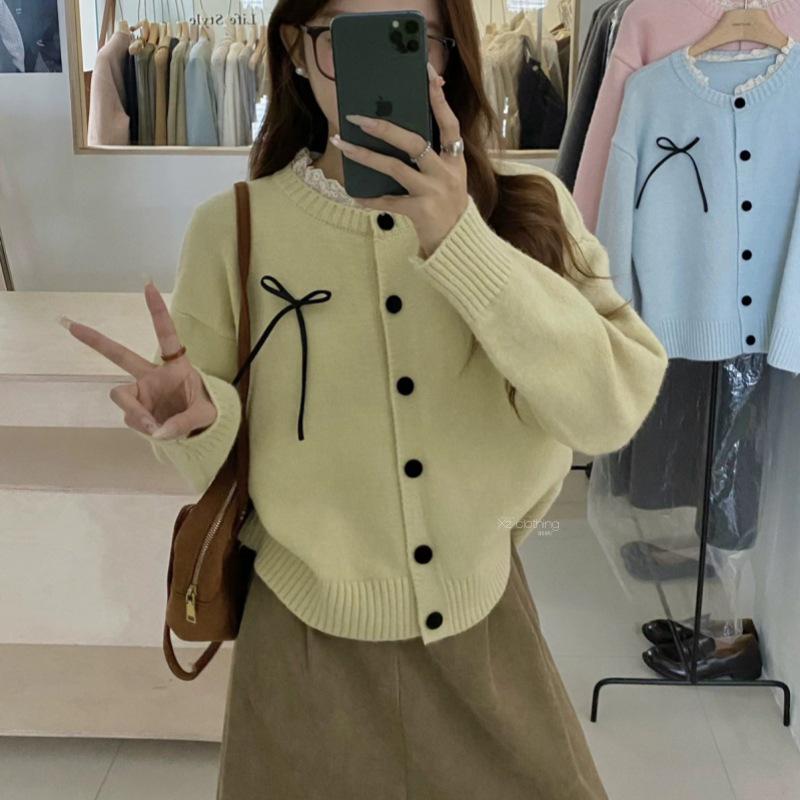 Korean Lace Round Neck Knit Cardigan with Bow - Women's Early Autumn Top