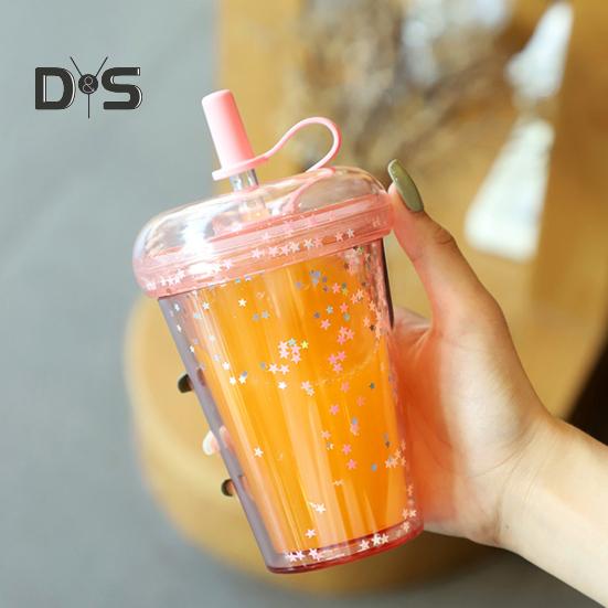 Leak-proof Iced Coffee Cup Reusable Straight Pipette Cup with Built-in Straws Double Wall Insulated Iced Coffee Tumbler Cartoon Drinking Cup
