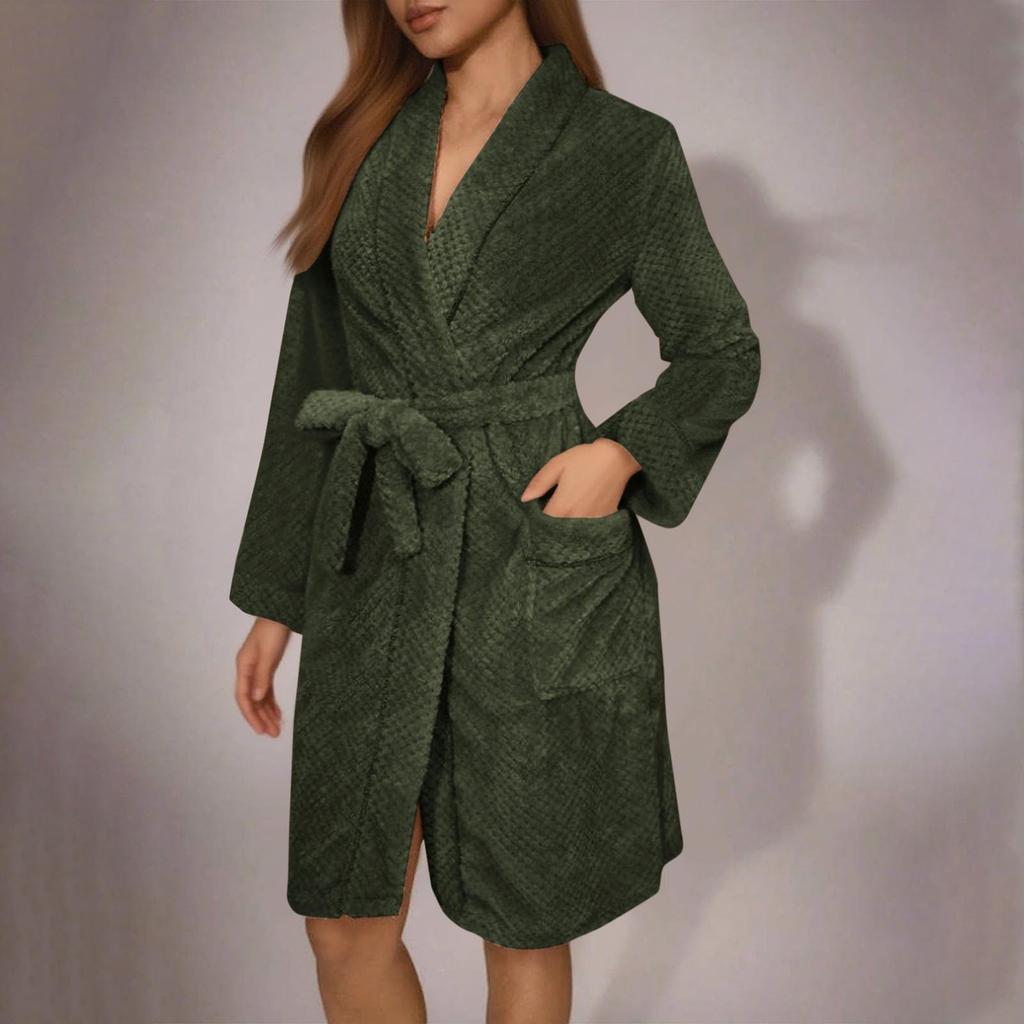 Women's Solid-Color Long-Sleeve Autumn/Winter Warm Bathrobe Plush Homewear Robe Homewear Set