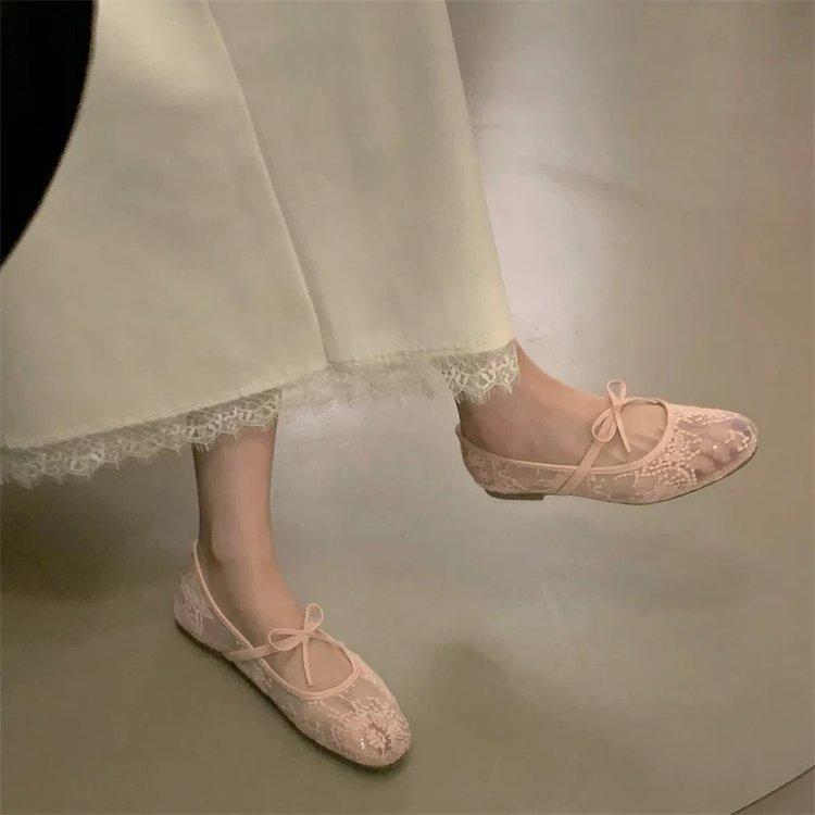 Damen Frühling Sommer Mary Jane Schuhe Ballerinas Atmungsaktives Mesh Stickerei Flats Süße Schleife Weibliche Tägliche Gehsandalen