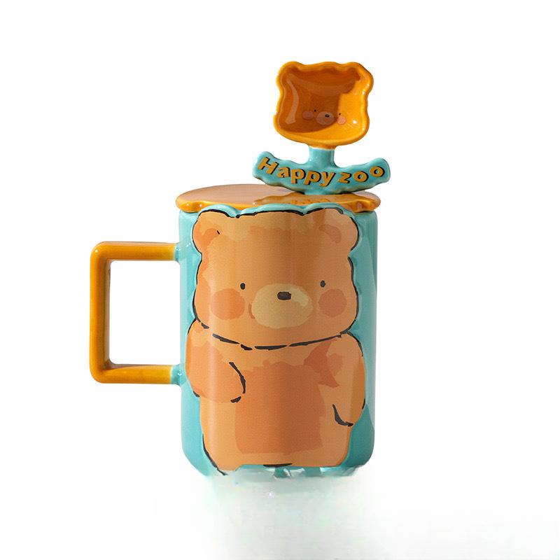 Cartoon Animal Ceramic Cup Cute Cute High Value Water Cup Girl Student Couple Mug with Lid and Spoon
