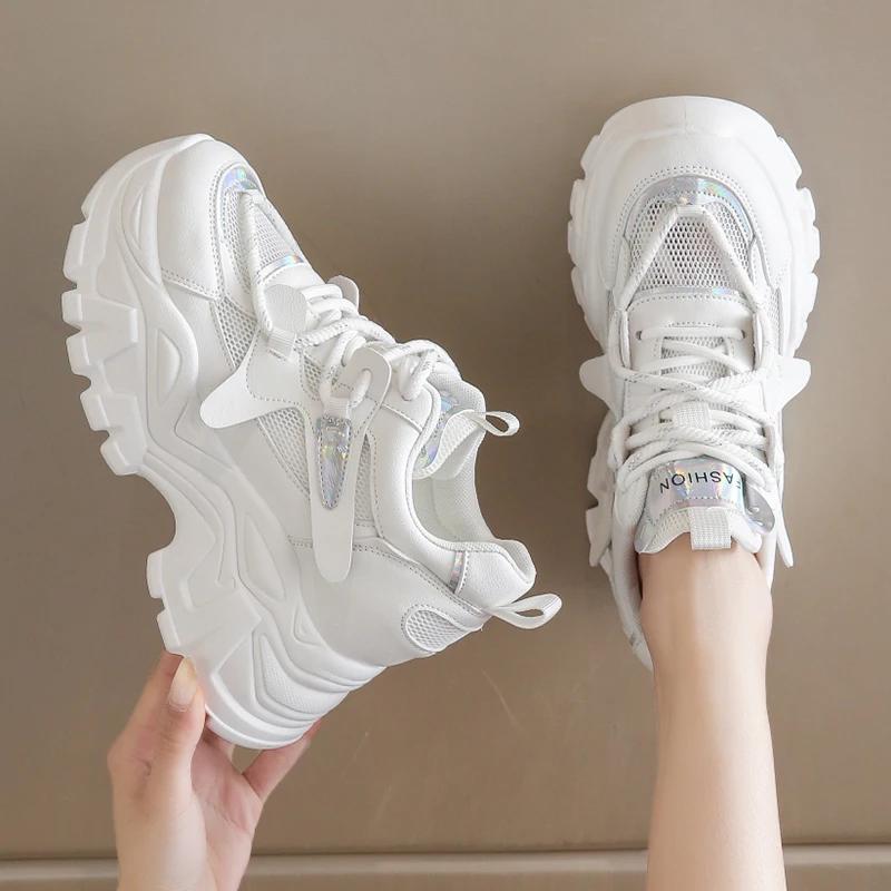 Fashion Breathable Mesh Chunky Sneakers for Women 2025 Spring Fashion White Platform Sports Shoes Woman Comfort Thick Sole Walking Shoes