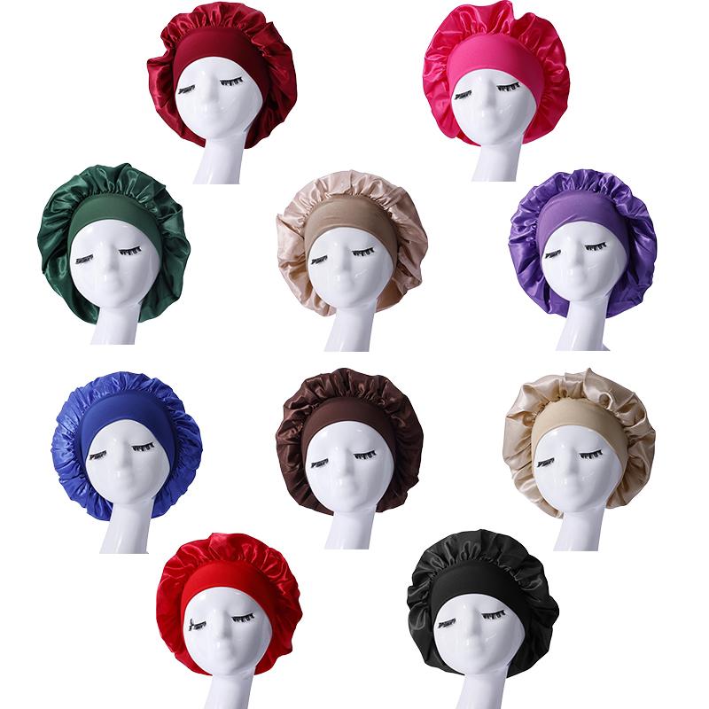 Women Satin Home Hair Shower Cap Comfortable Nightcap Casual Wide-brimmed Sleeping With Elasticated Floppy Band Cap Breathable