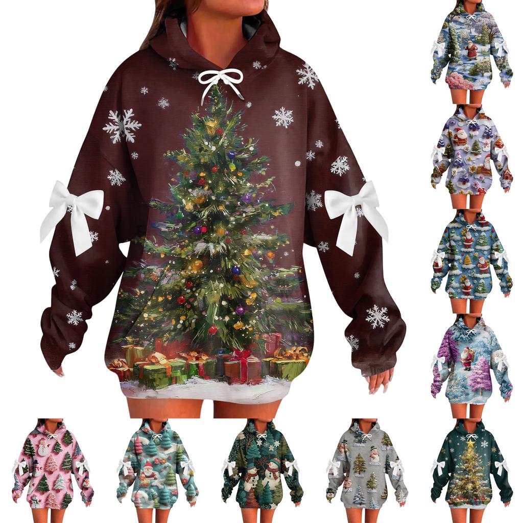 Ladies' Christmas Printed Bow Long Sleeved Loose Fitting Headband With Rope Hooded Sweatshirt Top