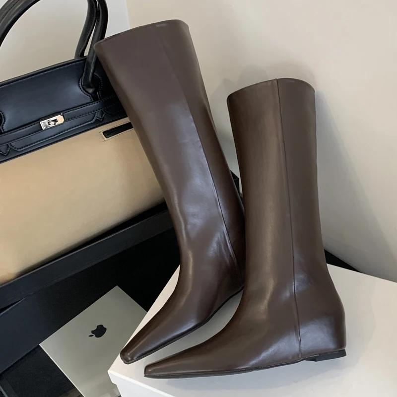 Fashion Eilyken Soft Leather Pointed Toe Women Knee High Boots Fashion Wedges Low Heels Ladies Shoes Long Booties Zapatos De Mujer