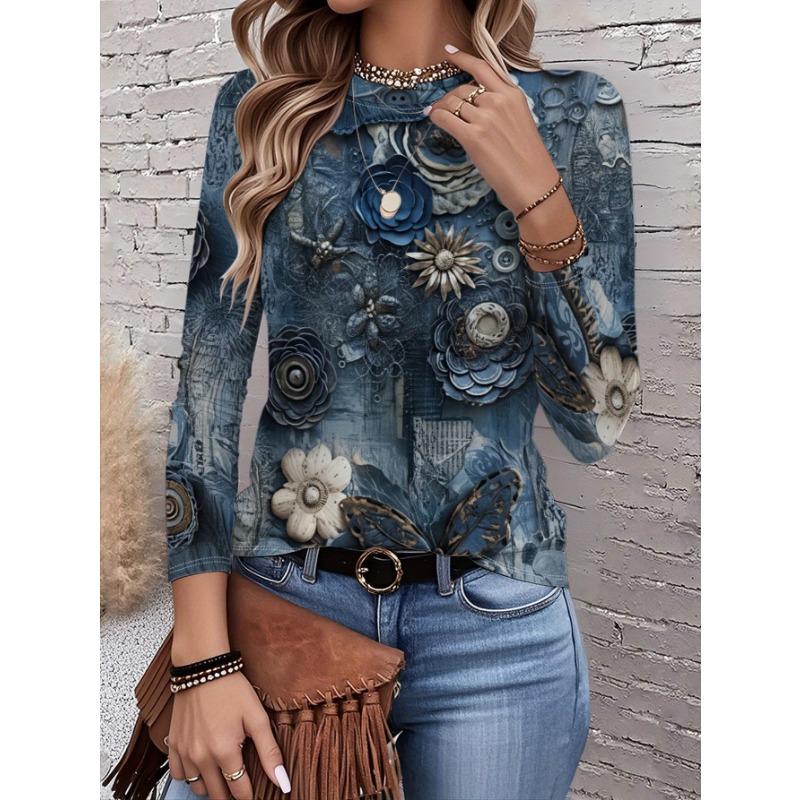 2026 New Women's Fashionable Long-Sleeved T-Shirt with Retro Floral Pattern, Perfect for Everyday Wear and Stylish Outfits
