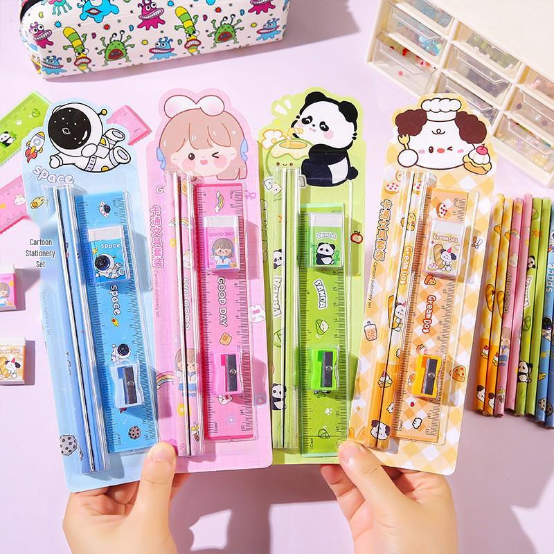 Cartoon Pencil Set: 5-Piece School Reward with Ruler, Eraser, Pencil, & Sharpener