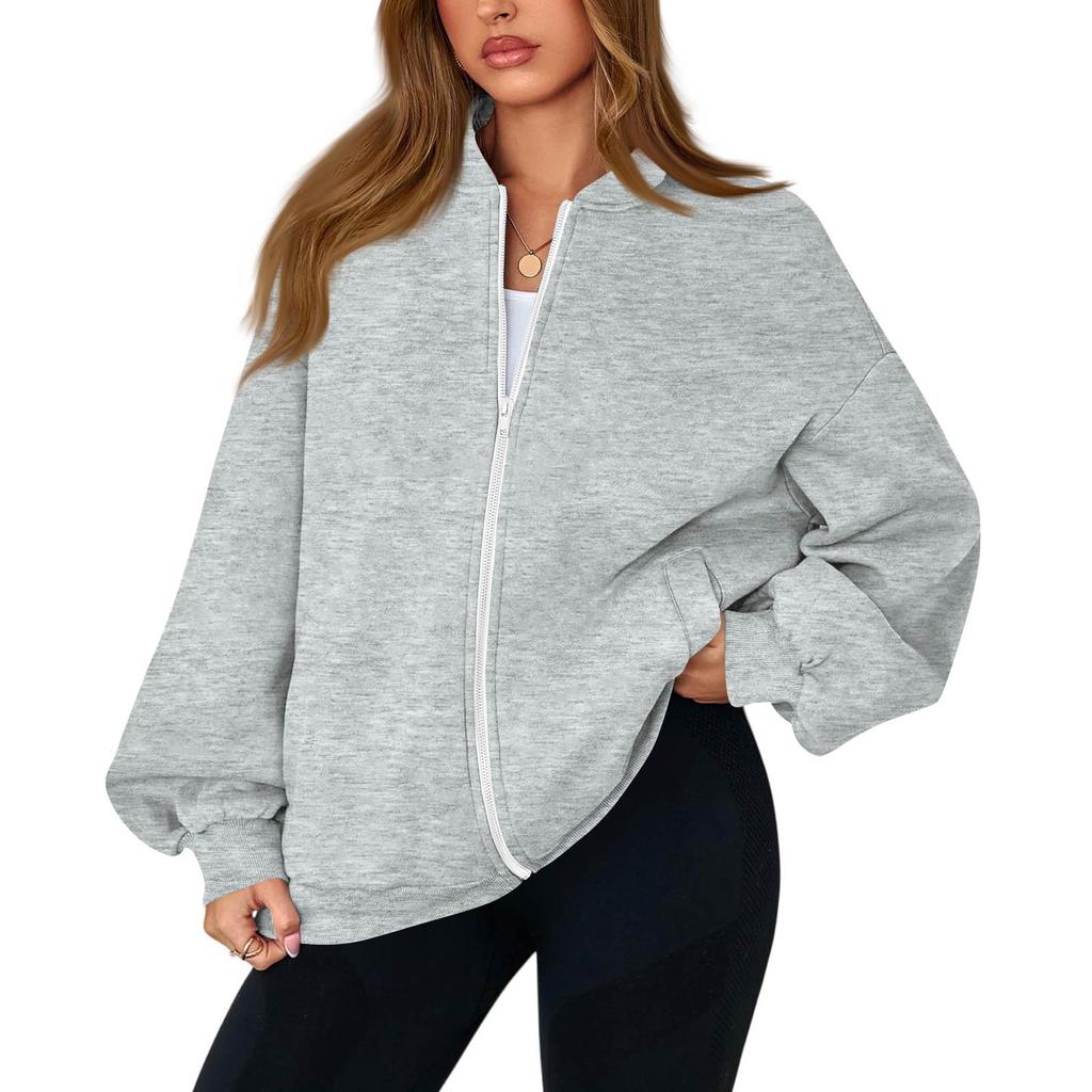 Women's Fashion Long Sleeve Color V-Neck Loose Oversize Zipper Jacket