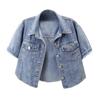 Damecropped denimjakker med jakkeslag, knappestolpe, trucker-jeansjakker, sommer, kort erm, avslappet kåpe