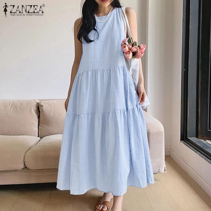 ZANZEA Women Round Neck Loose Casual Stripe Sleeveless Dress