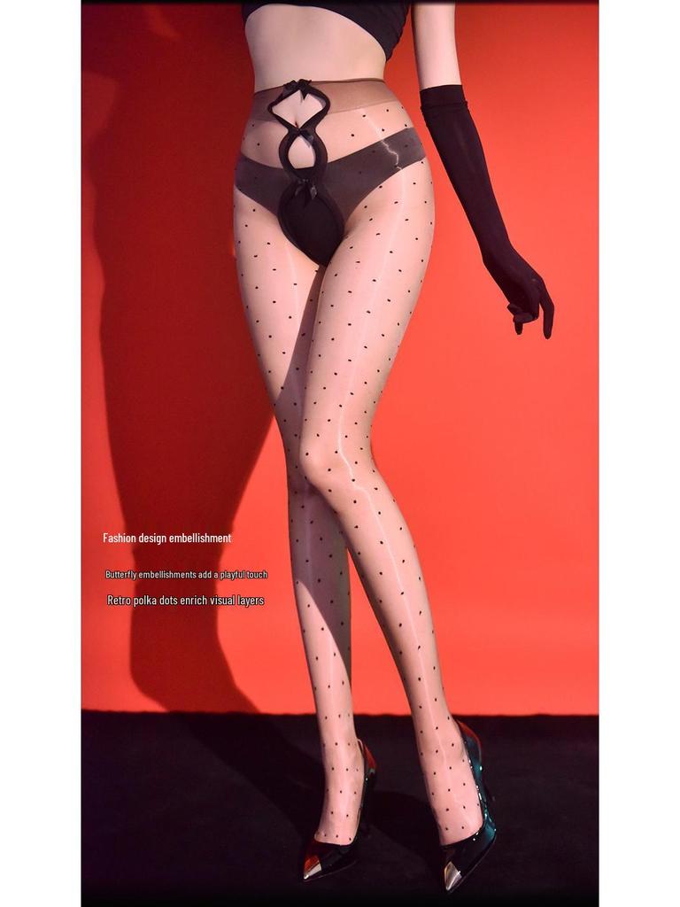 5D Aurora Polka Dot Black Silk Pantyhose: Ultra-thin, Skin-friendly, Sunscreen, Summer Sexy Open Crotch, Footed Stockings.