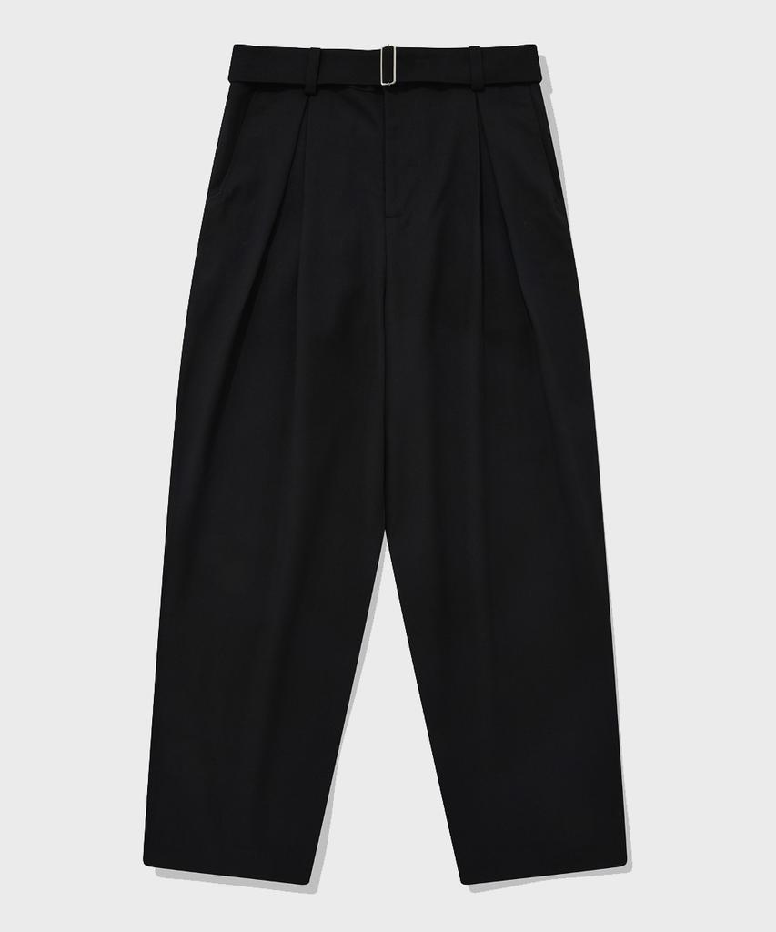 FALLETT Belted Double-Pleated Wool Slacks Black