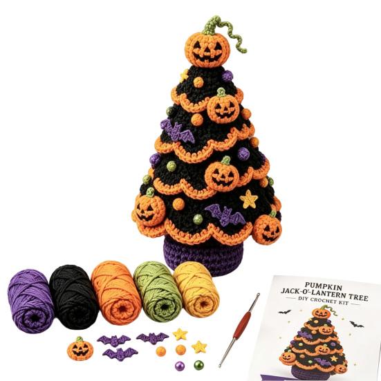 Zestaw Startowy Szydełkowania dla Początkujących, Zestaw Drzewko Halloweenowe, Rękodzieło z Przędzy DIY z Szydełkami i Instrukcją, Czarny Kot i Księżyc, Kreatywne Ręcznie Robione Akcesoria do Dziania