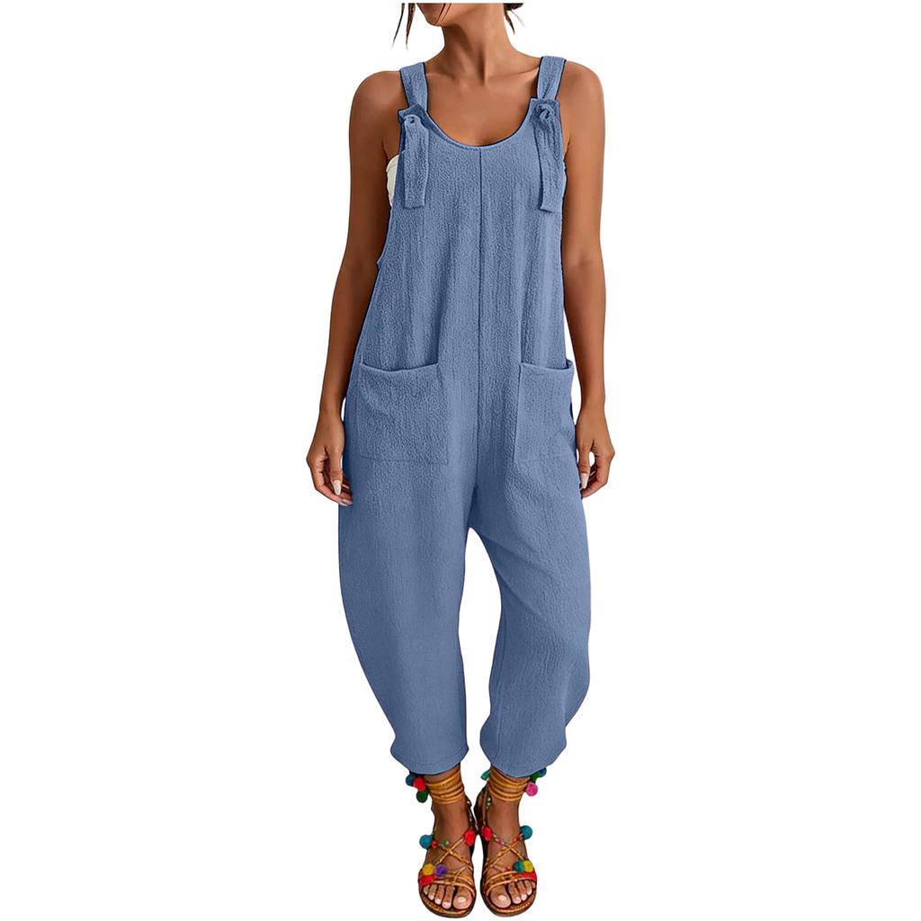 Damen Jumpsuit mit lockerem Schnitt, ärmellos, verstellbaren Trägern und Vordertaschen für Freizeit und Alltag