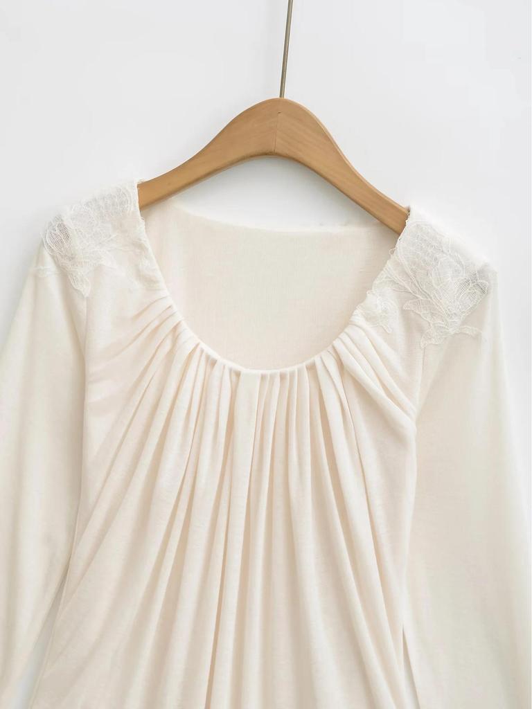 Double-Layer Lace Applique Comfortable Pleated U-Neck Long-Sleeve Feminine Waist-Slimming T-shirt