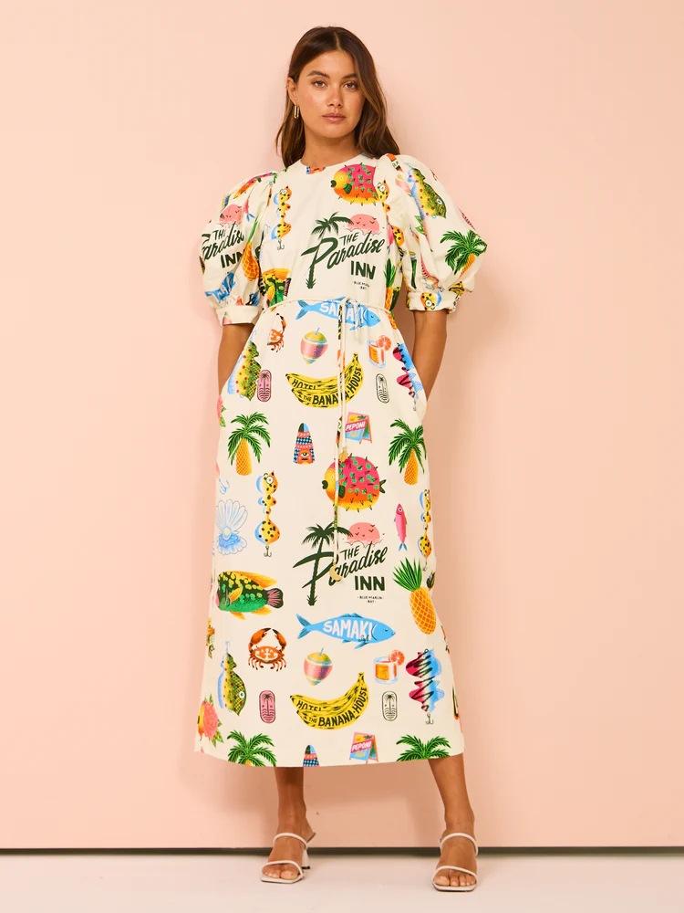 Europe and America 2026 new printed bubble sleeve loose casual lace-up split dress S