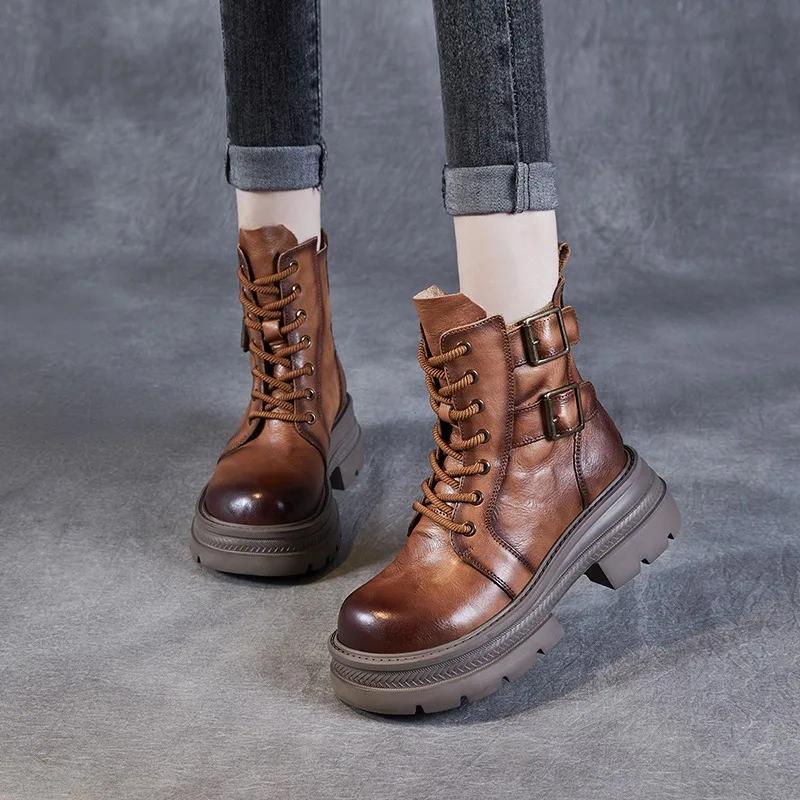 6CM Women Mid Calf Boots 2024 Autumn Winter Quality Genuine Leather Thick High Heel Platform Wide Head Lace-Up Retro Boots