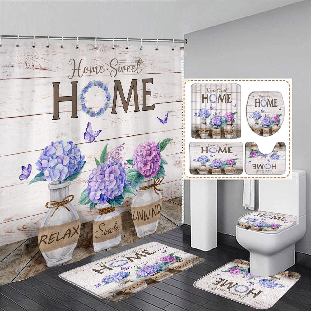 Rustic Wood Plank Sunflower Shower Curtain Set Butterfly Yellow Floral Plant Home Bathroom Decor Rug Bath Mats Toilet Lid Cover