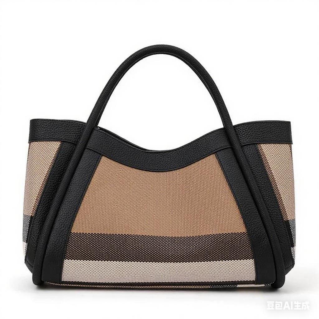 Striped Textured Fabric Tote Handbag Faux Leather Edge Splicing Wide Handle Ladies Daily Commuter Large Shoulder Bag