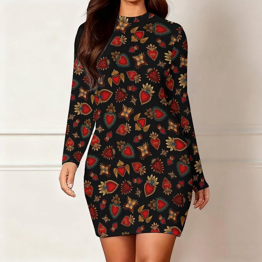 Nova Moda Feminina Outono e Inverno 2025 Vestido Longo de Manga Comprida com Gola Redonda e Estampa e Tingimento com Padrão de Amor 3D Edição Limitada Dia dos Namorados