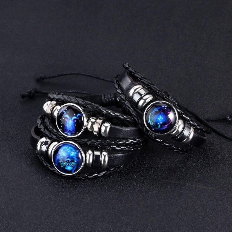 Fashion 12 Zodiac Signs Constellation Charm Bracelet For Men Multilayer Weave Leather Bracelet Unisex Jewelry Accessries Gifts