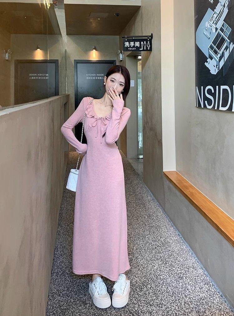 French gentle wind v-neck ruffle leaf edge dress women's clothing autumn and winter straps waist long sleeves temperament hip-wrapped dress