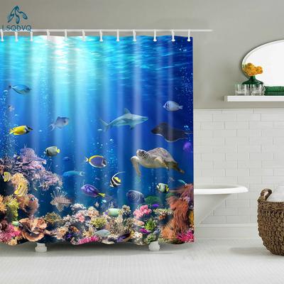 Sea Animals Fish Cartoon Shower Curtain Bathroom Curtain Frabic Waterproof Polyester Bath Curtain with Hooks