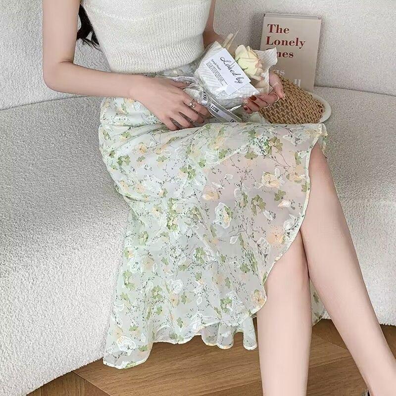 Women High Waist Floral Midi Skirt Chiffon Irregular Ruffle Hem Mermaid Skirt Plus Size Summer Casual Flared Skirt Source Factory Supply