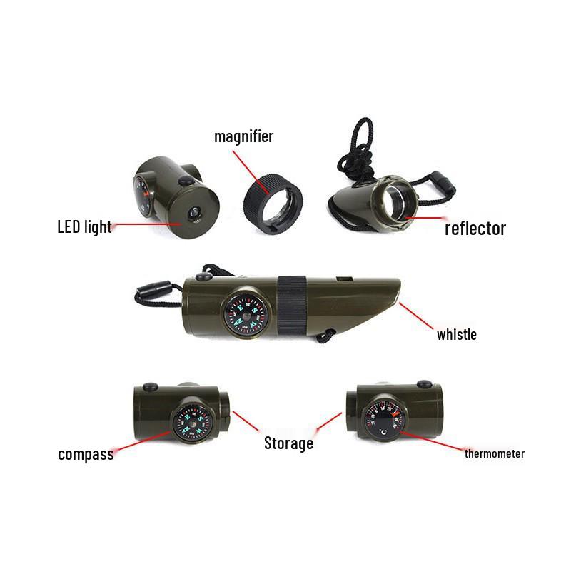7-in-1 Überlebenspfeife: Multifunktionale LED-Pfeife mit Thermometer & Kompass zum Wandern