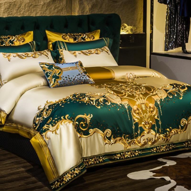 4/6/9Pcs European Luxury Gold Embroidery Brocade Egyptian Cotton Bedding Set Queen King Size Duvet Cover Bed Sheet Pillowcases