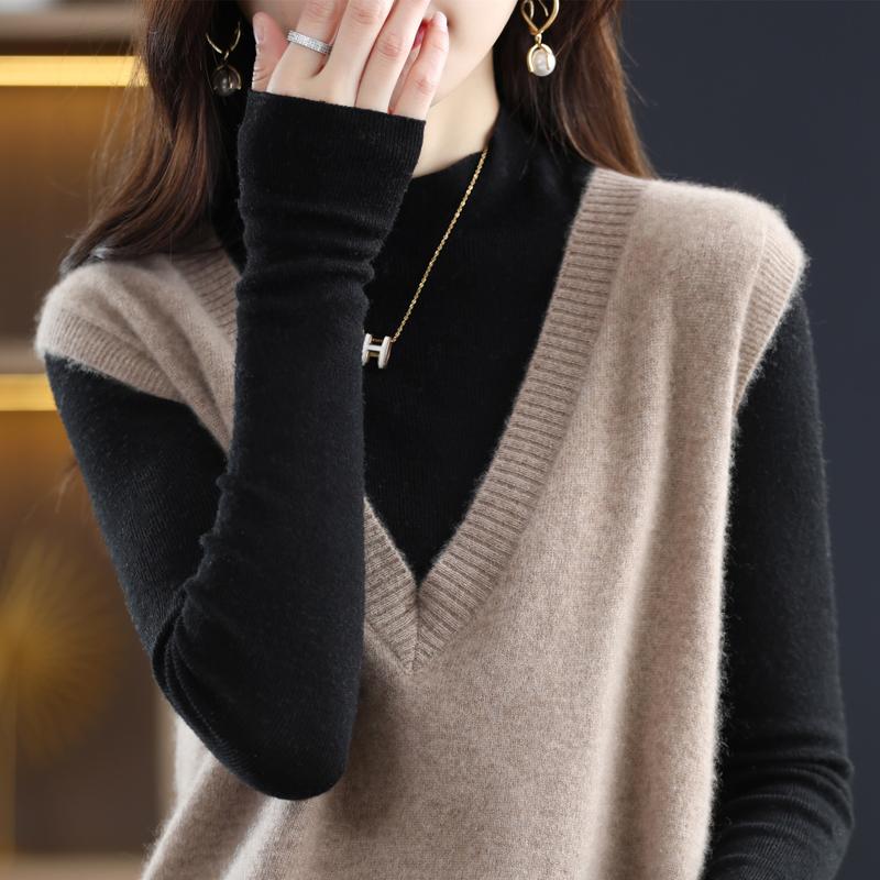 Dámská vesta s výstřihem do V, kašmír Qinghe, 30 % kašmír 70 % vlna, zimní pletený svetr podzimní svetr kašmírový svetr