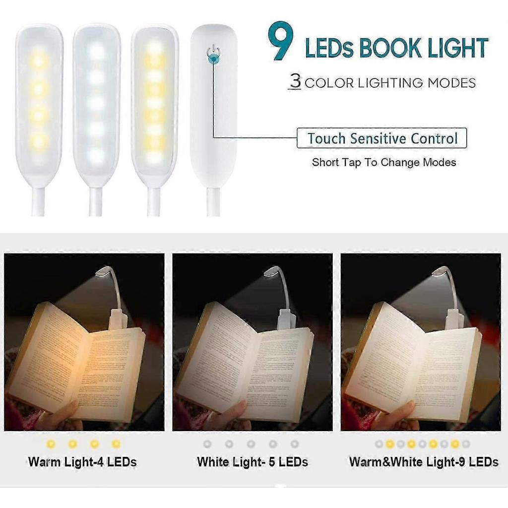 LED Reading Light, Rechargeable Reading Light Lamp In 3 Brightness Modes (Cool White/Warm Yellow), Dimmable Reading Light for Book In Bed, Book Clip L