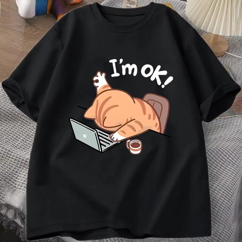 Unisexs Unisexs Cute Im OK Cat Graphic TShirt Casual Round Neck Short Sleeve Tee Cartoon Cat Design Print Tee Shirt