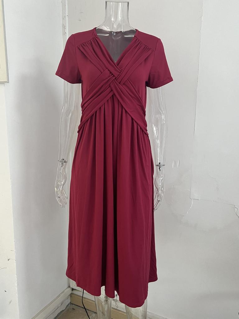 Women's Short Sleeve Dress Casual Plus Size V Neck Dress Flowy Beach Sundress With Pockets