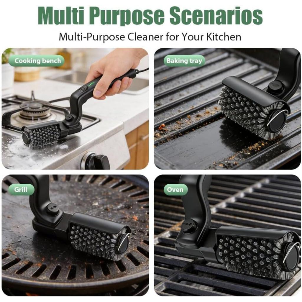 Elektrický grilovací kartáč, Bezdrátový elektrický čistič BBQ grilu s výkonným motorem, Dobíjecí grilovací čisticí kartáč na připálený tuk a rošty grilu