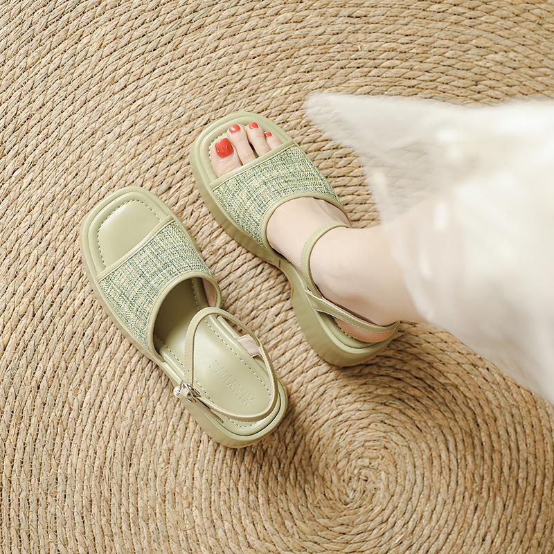 Sandals Women's Slope Heel Small Man Thick Sole Height Increase 7cm One-word Buckle Belt Summer Women's Shoes Celebrity Wind Waterproof Table Open Toe