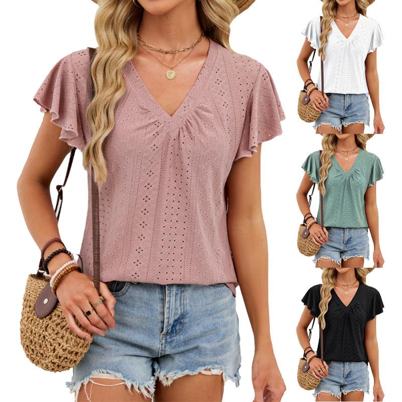 2026 Summer New Women's Solid Color V-Neck Loose Casual Breathable Short-Sleeve T-Shirt Top