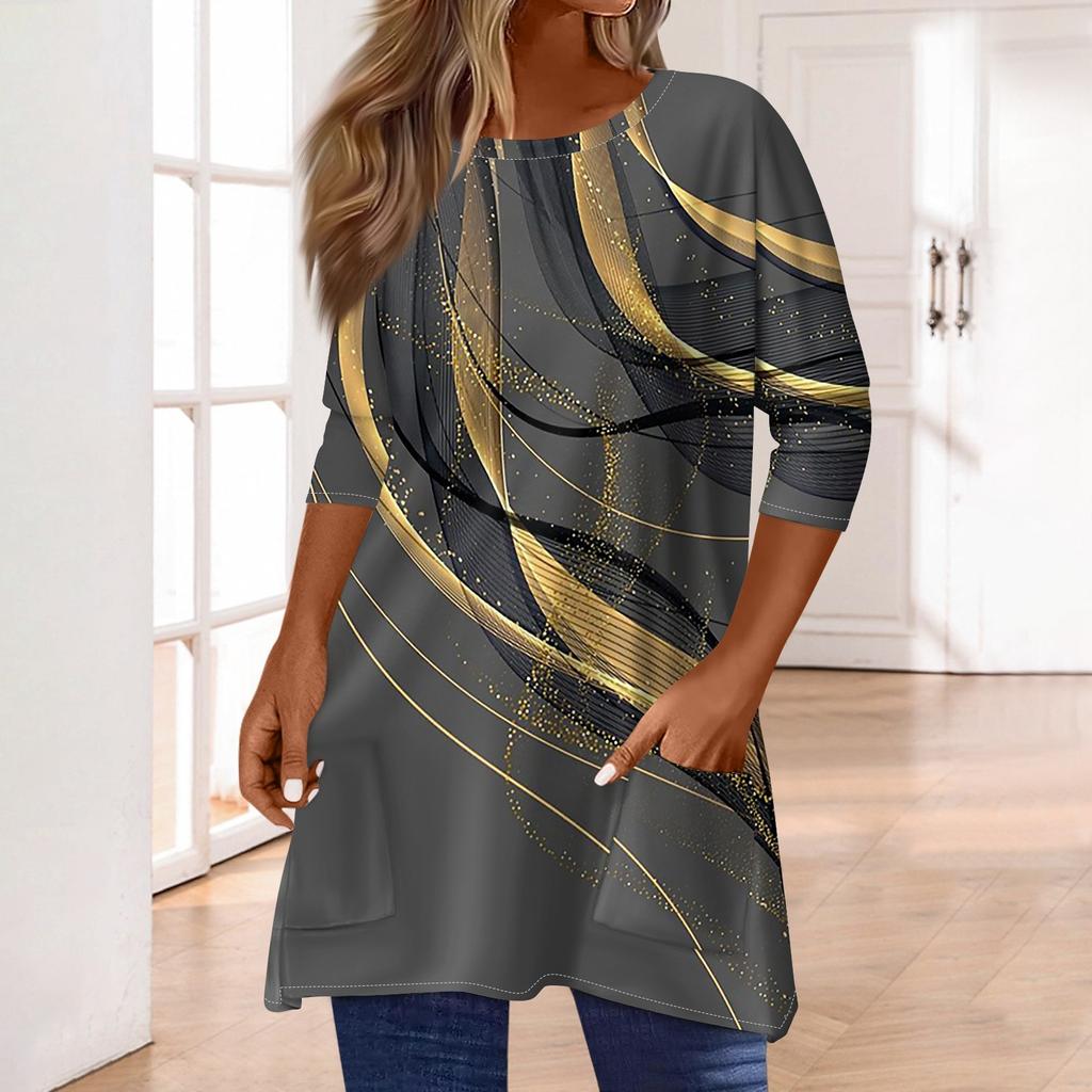 3/4 Sleeve Tops For Women T-Shirt Casual Print Tops T Shirt Round Neck Pullover  Blouse