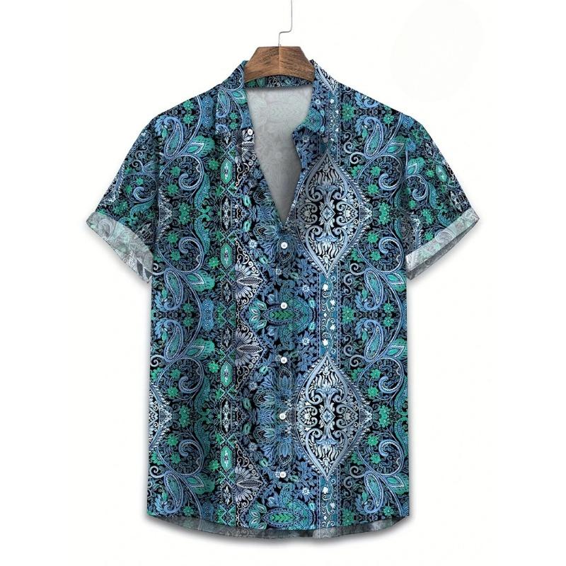 Camisas Havaianas para Homens T-shirt Casual de Manga Curta com Estampa Paisley 3D Gola Lapela Botões Tops Masculinos Verão Oversized Boêmio Camisetas Masculinas