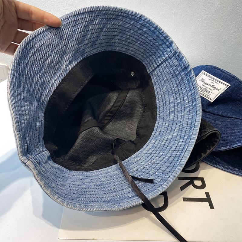 Korean and Japanese Style Versatile Denim Patch Fisherman Hat, Spring and Summer Retro Hong Kong Style Street Sun Protection Bucket Hat for Women