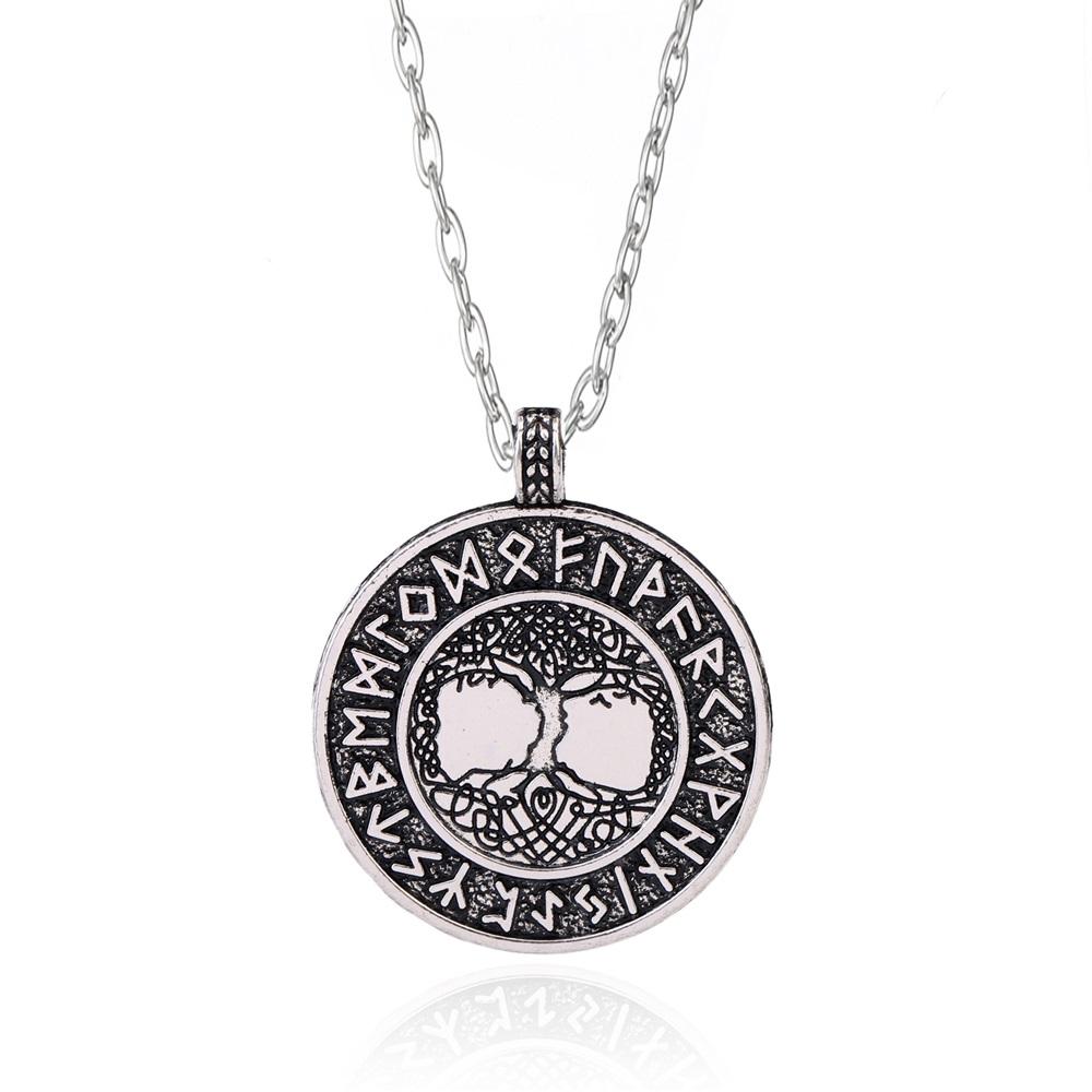 Teamer Wicca Round Necklace Men Norse Viking Runes Tree of Life Seal Pendants Wax Cord Link Chain Men's Necklace Jewelry Gifts