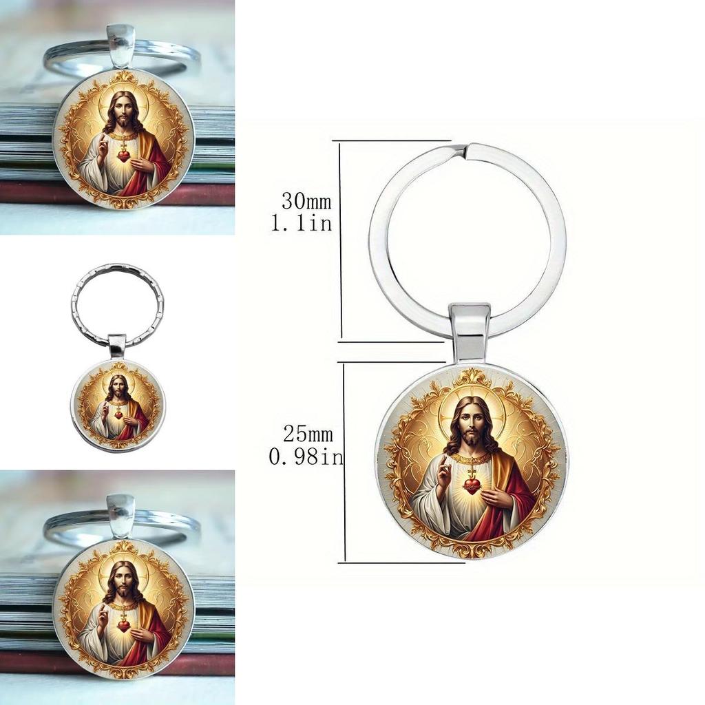 Heart Character Jesus Glass Keyring With Alloy Decor For Party Celebration Gifts