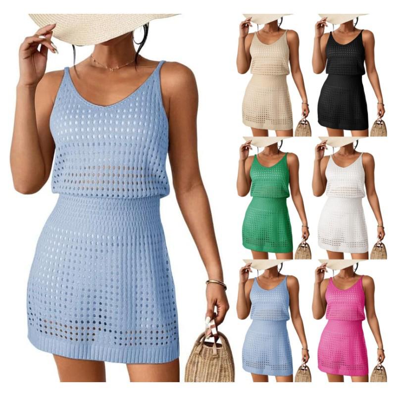 2024 Women's Cross-border Hot-selling Hollow-out Knitted Beach Cover-up Dress, Casual Wear