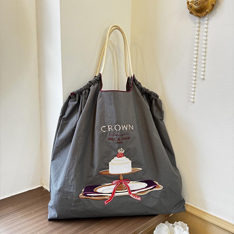 Crown Cake Japanese Girl Embroidered Canvas Crossbody Tote Bag - Large Capacity for Spring Outings