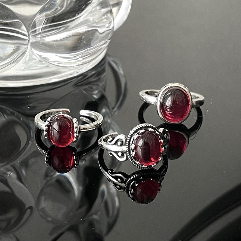 Red Agate Retro Hollow Pattern Chalcedony Exaggerated Index Finger Opening Ring Women'S Adjustable Personality Fashion Ring