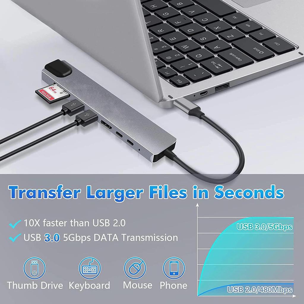 8 In 1 USB C Hub Type C To 4K HDTV Adapter with RJ45 SD/TF Card Reader Fast Charger for MacBook Notebook Windows Laptop Computer
