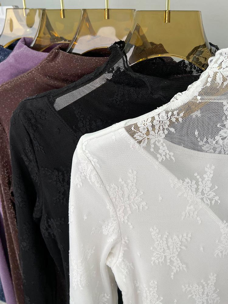 Women's High-End Lace Base Layer Top, Autumn/Winter, Velvet Warmth, Mesh Jacquard Collar, Slightly Sheer, Stylish Design