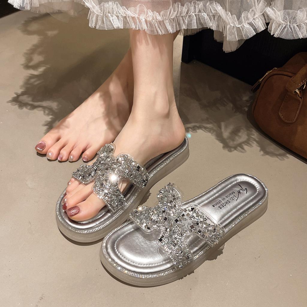Summer Flat-bottomed Slippers Sweet One-word Commuting Will Drag Rhinestones Thick-bottomed Comfortable Versatile Summer Fashion Slippers