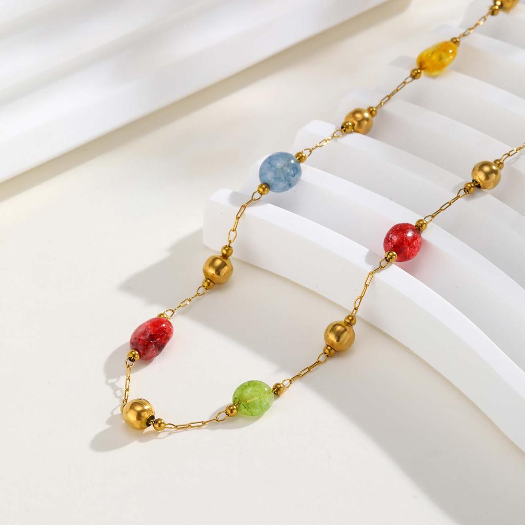 Collier en Pierre Naturelle Multicolore Arc-en-ciel en Forme de Y pour Femmes, Collier Chaîne Boho à Perles en Acier Inoxydable, Bijoux de Fête Tendance