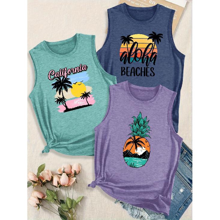 Simple summer design with coconut tree and English letter combination print pattern, round neck3Sleeveless vest spring/summer women's top